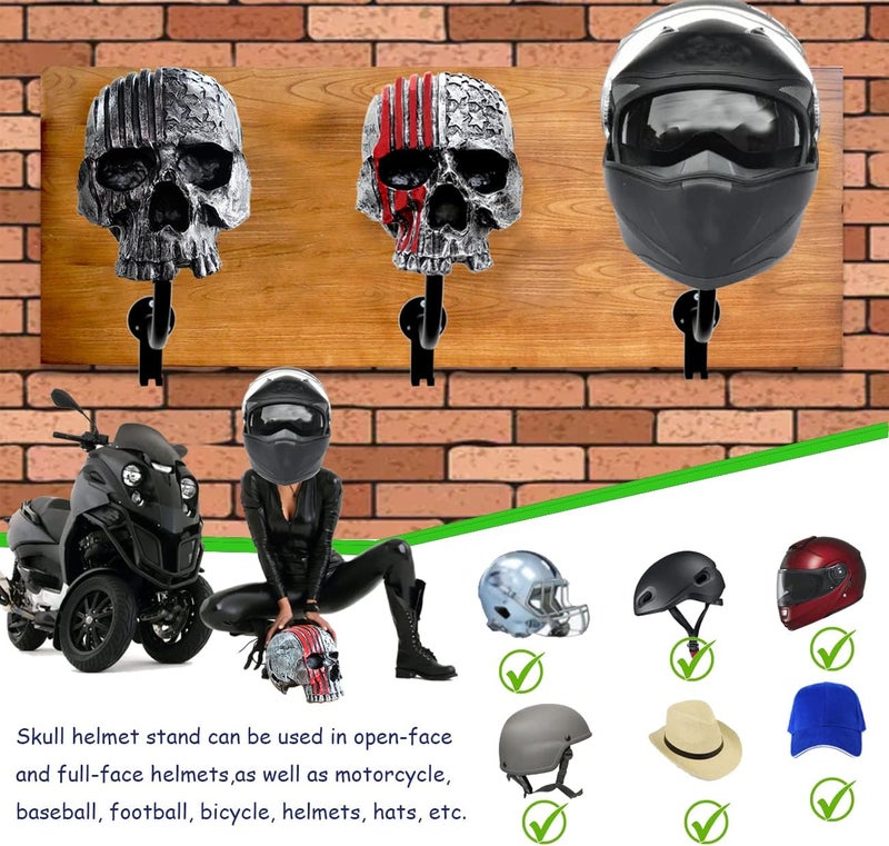 Tooyuart Helmet Holder,Skull Helmet Holder Wall Mount Helmet Rack with 2 Hooks Helmet Hanger for Coats,Caps,Baseballs,Rugby Helmet,Motorcycle Accessories - Image 5